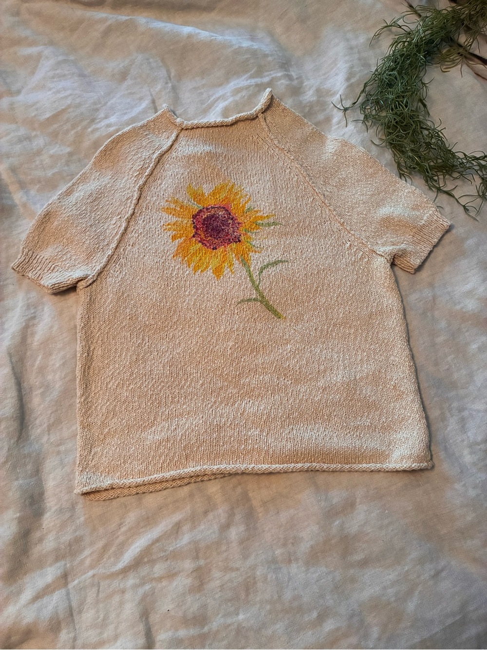 Pilcro Cream Sunflower Knit Short-Sleeve Sweater